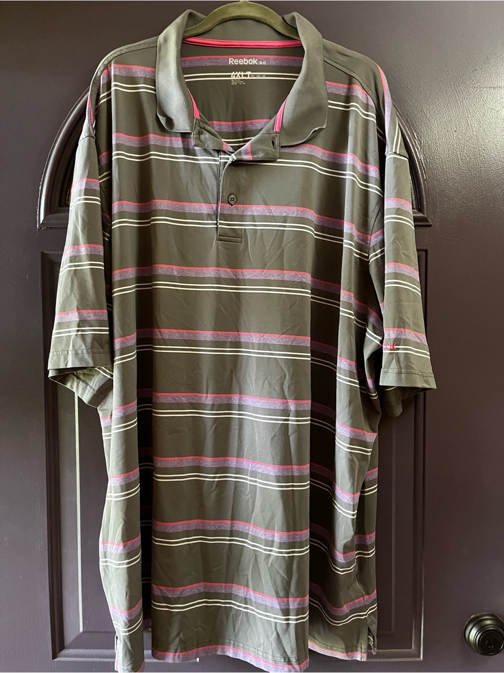 Reebok Gray Polo with Pink, White and Purple Stripes